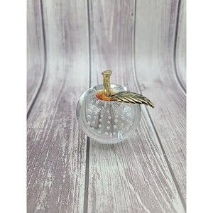 Bullicante Clear Glass Apple Paperweight Brass Stem Leaf #4